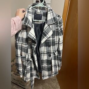 Jou Jou Black and White Plaid Pea Coat